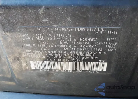 2015 Subaru Outback 2.5I Premium from USA, damaged, VIN 4S4BSACC2F3263513